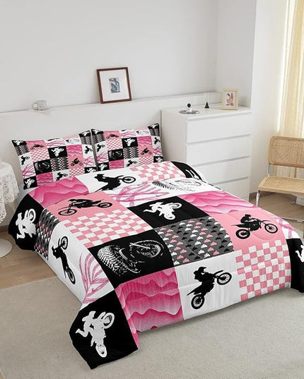 Motocross Comforter Set, Dirt Bike Bedding Sets & Collections King, Motorcycle Rider Down Comforter for Kids Boys Girls, Motorbike Extreme Sport Game Comforter Set, Buffalo Plaid, Pink Grey Black - LeafyLoom