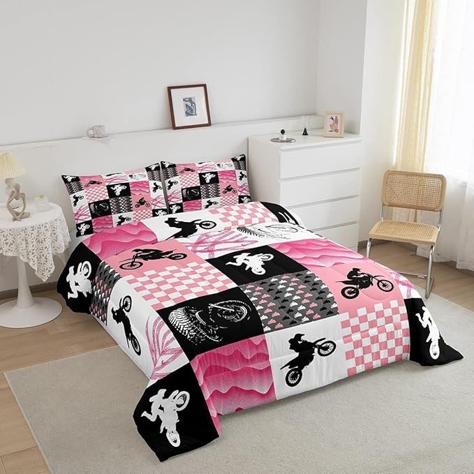 Motocross Comforter Set, Dirt Bike Bedding Sets & Collections King, Motorcycle Rider Down Comforter for Kids Boys Girls, Motorbike Extreme Sport Game Comforter Set, Buffalo Plaid, Pink Grey Black - LeafyLoom