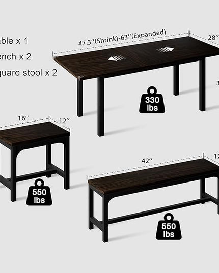Feonase 5-Piece Dining Table Set for 4-8 People, 63" Extendable Kitchen Table Set with 2 Benches and 2 Square Stools, Dining Room Table with MDF Wood Board, Easy Clean, Espresso - LeafyLoom