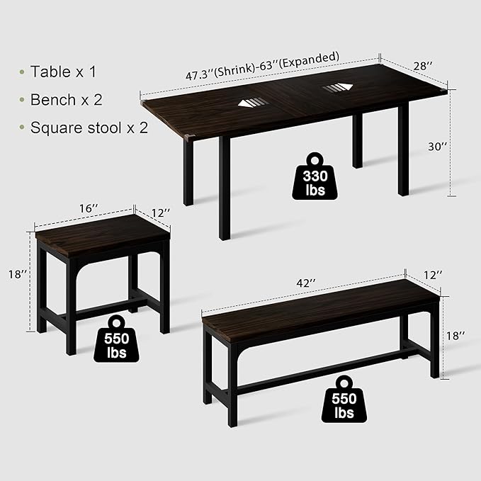 Feonase 5-Piece Dining Table Set for 4-8 People, 63" Extendable Kitchen Table Set with 2 Benches and 2 Square Stools, Dining Room Table with MDF Wood Board, Easy Clean, Espresso - LeafyLoom