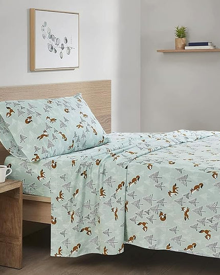 Comfort Spaces Cotton Flannel Breathable Warm Deep Pocket Sheets with Pillow Case Bedding, Twin, Seafoam Foxes 3 Piece - LeafyLoom