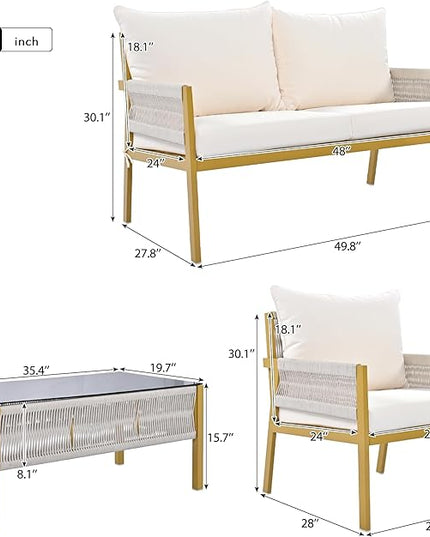 4-Piece Patio Conversation Furniture Set, Rope Weave Outdoor Loveseat Sofa with 2 Armchairs, Thick Cushion&Tempered Glass Table, for Garden Backyard, Onesize, Beige+Mustard Yellow - LeafyLoom