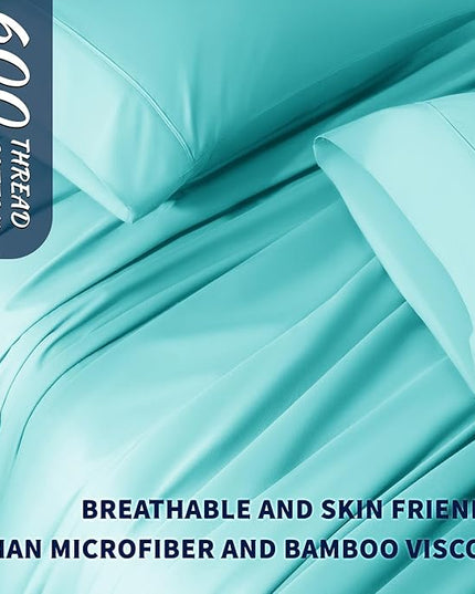 Shilucheng 100% Cotton Sheets Set - 600 Thread Count，Luxury Egyptian Cotton Bed Sheets，5-Star Hotel Quality Sheets, Breathable & Cooling, 16 Inch Deep Pocket - 4 Piece (Seafoam, Full) - LeafyLoom