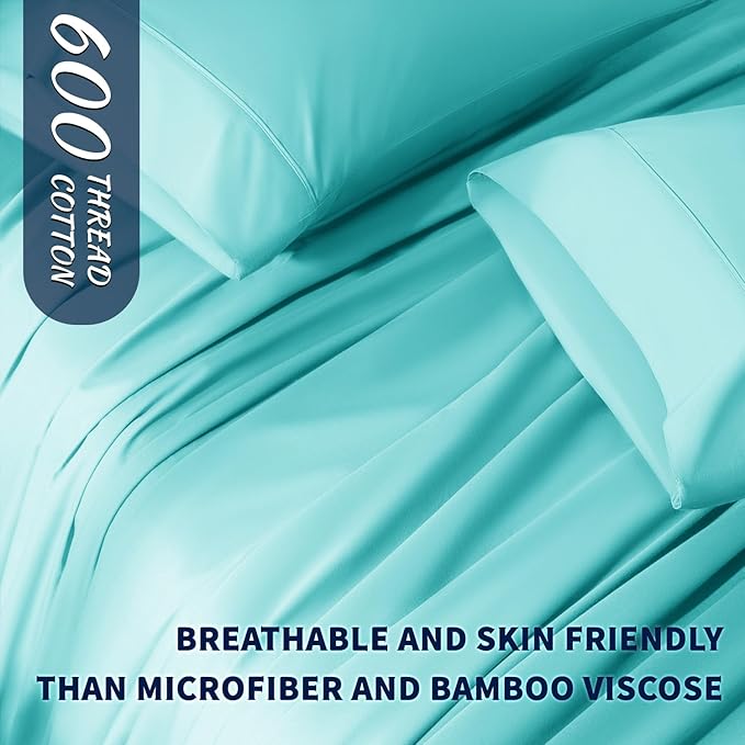 Shilucheng 100% Cotton Sheets Set - 600 Thread Count，Luxury Egyptian Cotton Bed Sheets，5-Star Hotel Quality Sheets, Breathable & Cooling, 16 Inch Deep Pocket - 4 Piece (Seafoam, Full) - LeafyLoom