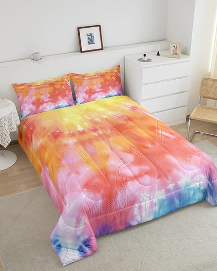Girls Tie Dye Comforter Set with Pillowcase Trippy Bedding Boho Hippie Psychedelic Gypsy Down Comforter Twin Kids Bed Sets Soft Machine Washable Pastel Duvet Quilt Set, Orange Yellow Pink Purple Blue - LeafyLoom