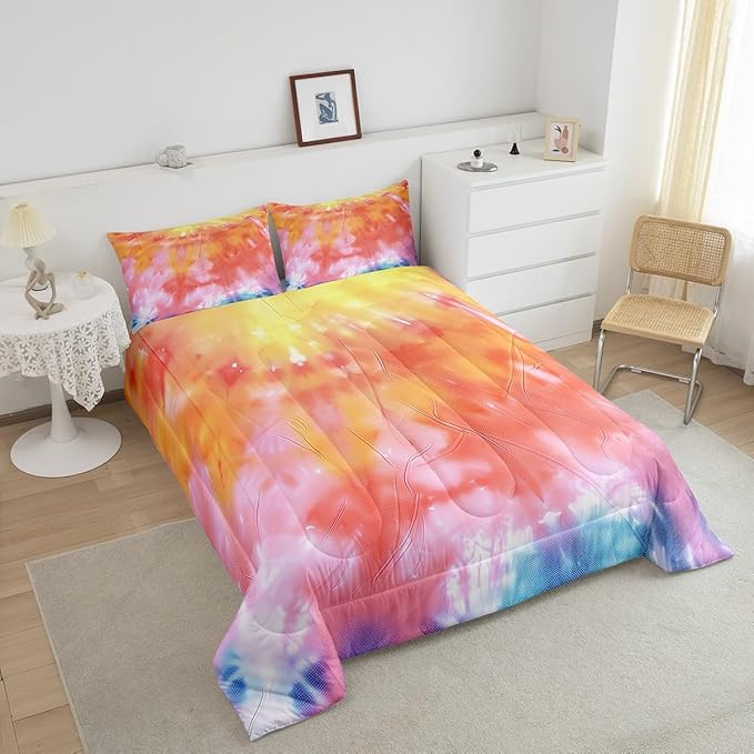 Boho Comforter Set Spiral Tye Dye Pattern 3pc Down Comforter Queen Size Rainbow Bedding Sets with 2 Pillowcases Soft Comfortable Machine Washable,Trippy Psychedelic Gypsy Duvet Quilt Set for Teen Girl - LeafyLoom