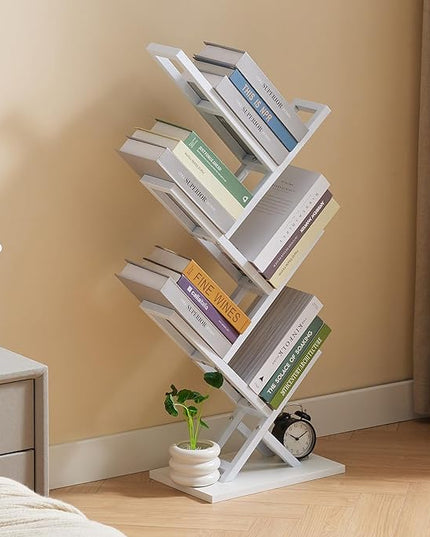 5 Tier Tree Bookshelf, Small Iron Corner Bookcase, Modern Book Shelf Storage Display Floor Standing Bookcase, Utility Organizer for CDs/Books/Home Office/Living/Bedroom Room- White - LeafyLoom