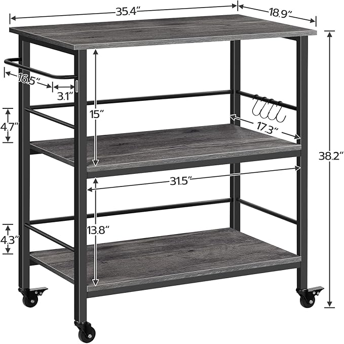 HOOBRO Kitchen Island with Storage,Industrial Kitchen Island on Wheels and Side Enclosures, 3 Tier Kitchen Cart with Large Workstation, Stable, Easy Assembly, Charcoal Gray and Black BC03ZD01 - LeafyLoom