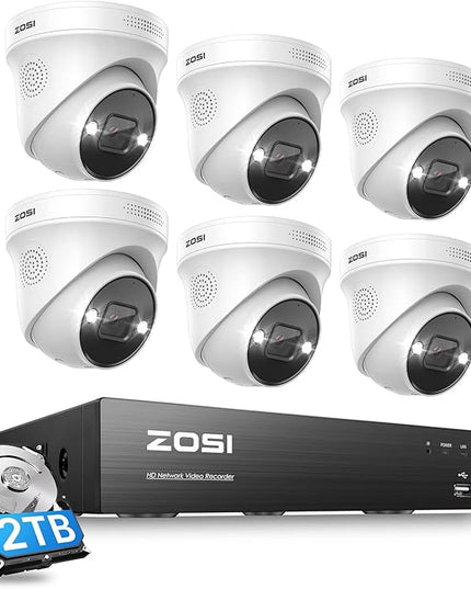 ZOSI 4K 8CH Spotlight PoE Security Camera System,6pcs 4K Wired Indoor Outdoor PoE IP Cameras with 2 Way Audio,Night Vision,Human Detection,Smart Light Alarm,8CH 8MP NVR with 2TB HDD for 24/7 Record ZOSI