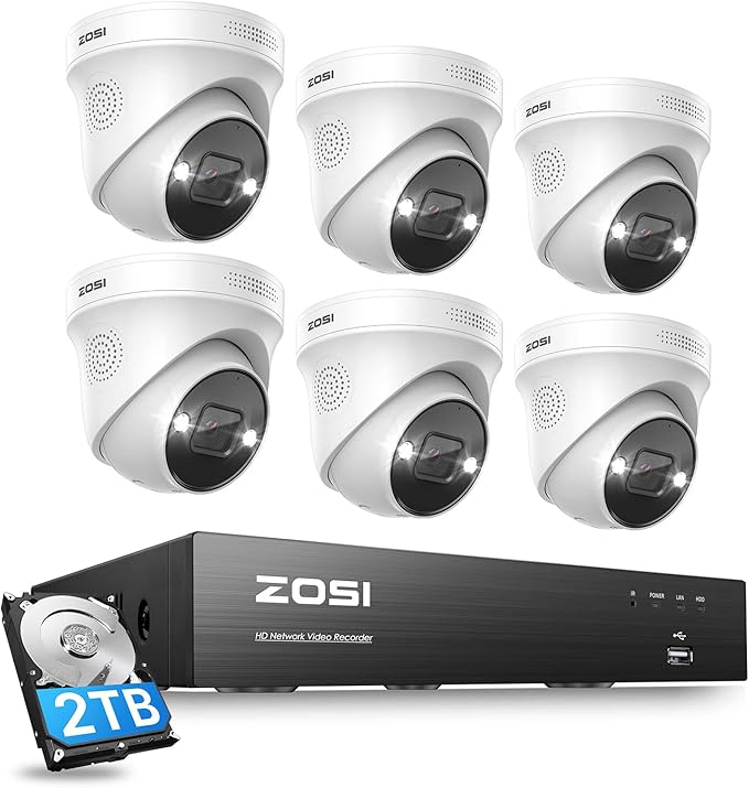 ZOSI 4K 8CH Spotlight PoE Security Camera System,6pcs 4K Wired Indoor Outdoor PoE IP Cameras with 2 Way Audio,Night Vision,Human Detection,Smart Light Alarm,8CH 8MP NVR with 2TB HDD for 24/7 Record ZOSI