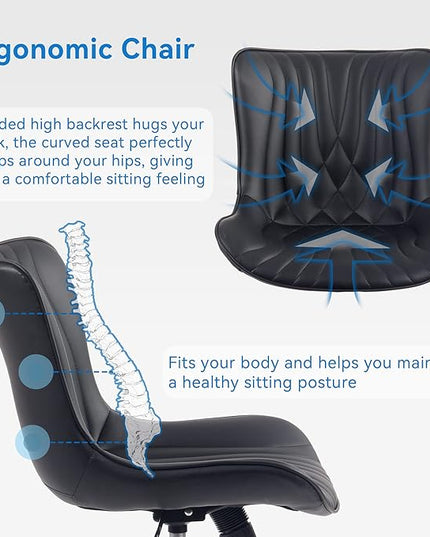 YOUNIKE Office Chair, Armless Desk Chair with Wheels, Home Office Computer Task Chairs, Modern Faux Leather Padded Vanity Chair, Adjustable Swivel Rocking Chair with Back, Black - LeafyLoom