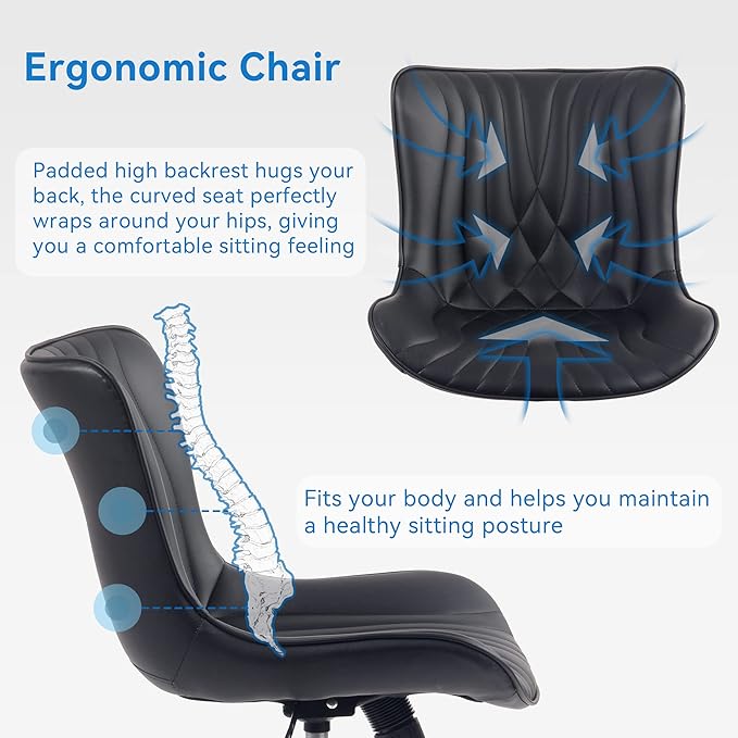 YOUNIKE Office Chair, Armless Desk Chair with Wheels, Home Office Computer Task Chairs, Modern Faux Leather Padded Vanity Chair, Adjustable Swivel Rocking Chair with Back, Black - LeafyLoom