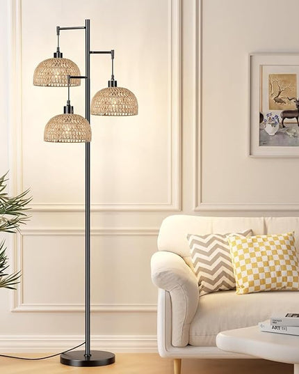 Floor Lamp for Living Room,Bedroom,3-Lights Boho Rattan Floor Lamps,Tree Farmhouse Industrial Black Standing Lamp Wicker Rustic Tall Lamp,Woven Bamboo LampShade Floor Light Bohemian - LeafyLoom
