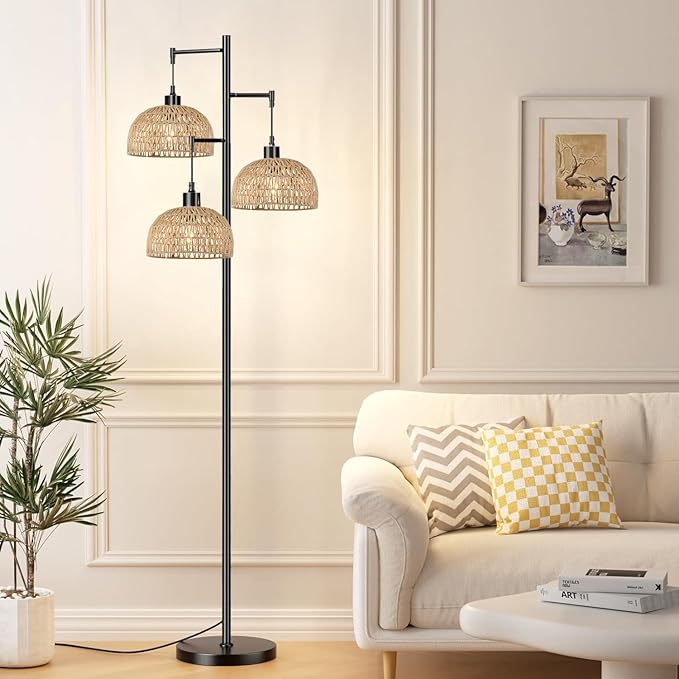 Floor Lamp for Living Room,Bedroom,3-Lights Boho Rattan Floor Lamps,Tree Farmhouse Industrial Black Standing Lamp Wicker Rustic Tall Lamp,Woven Bamboo LampShade Floor Light Bohemian - LeafyLoom