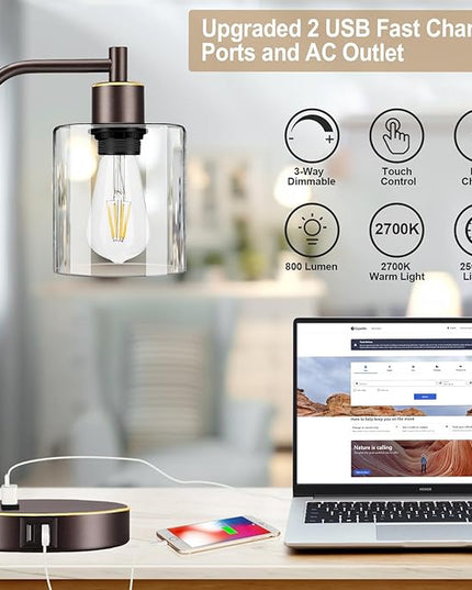 Industrial Touch Table Lamps Set of 2 - Bedside Lamps with 2 USB Ports & AC Outlet, 3-Way Dimmable Nightstand Desk Lamp for Bedroom Living Room, Glass Shade & 2 LED Bulbs Included - Oil-Rubbed Bronze - LeafyLoom