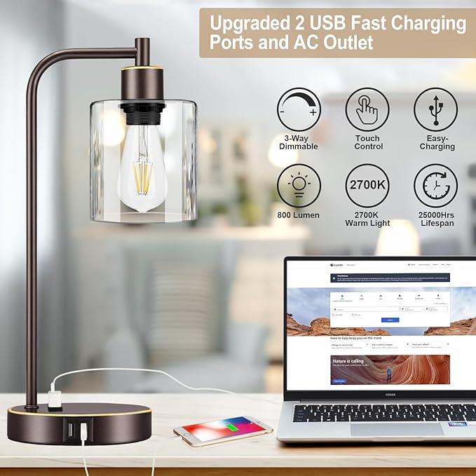 Industrial Touch Table Lamps Set of 2 - Bedside Lamps with 2 USB Ports & AC Outlet, 3-Way Dimmable Nightstand Desk Lamp for Bedroom Living Room, Glass Shade & 2 LED Bulbs Included - Oil-Rubbed Bronze - LeafyLoom