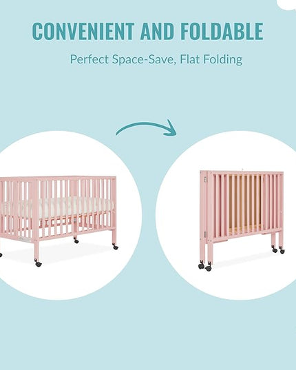Quinn Full-Size Folding Crib in Blush Pink, Removeable Wheels, Modern Nursey, Adjustable Mattress Support, Portable Crib, Patented Folding System - LeafyLoom