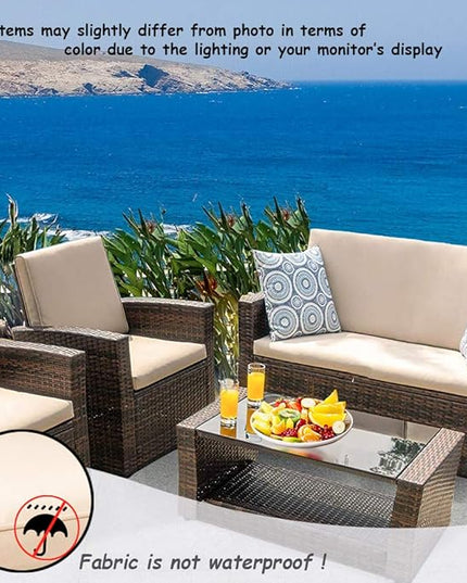 FDW Sectional Sofa Rattan Chair Wicker Conversation Set Outdoor Backyard Porch Poolside Balcony Garden Furniture with Coffee Table, Brown - LeafyLoom
