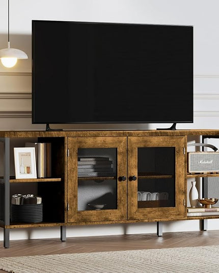 TV Stands for Living Room, Industrial TV Stand for Bedroom Furniture, Farmhouse TV Stand 65 Inch Television Stand with Back Panel, Modern Horizontal Wood and Metal Open Bookshelf, Rustic Brown - LeafyLoom