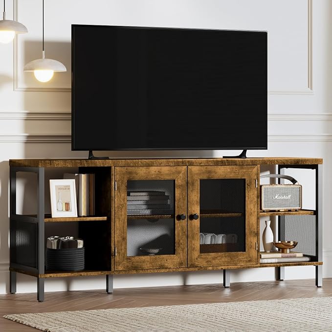 TV Stands for Living Room, Industrial TV Stand for Bedroom Furniture, Farmhouse TV Stand 65 Inch Television Stand with Back Panel, Modern Horizontal Wood and Metal Open Bookshelf, Rustic Brown - LeafyLoom
