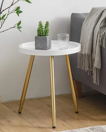 Round Side Table Wooden Tray Table with Metal Tripod Stand Nightstand Coffee Table End Table for Living Room Bedroom Office Small Spaces, 18" H x 15”D (White & Gold) - LeafyLoom