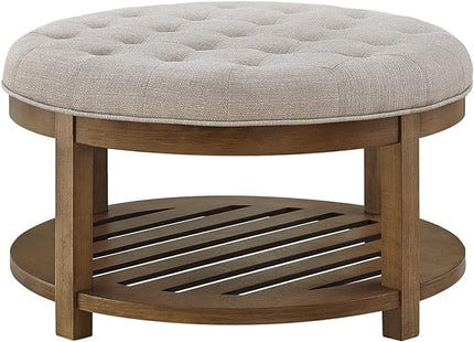 24KF Large Round Upholstered Tufted Linen Ottoman Coffee Table, Large Footrest Ottoman with Wood Shelf Storage-Iinen - LeafyLoom