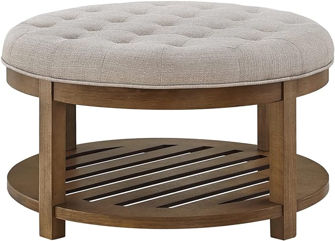 24KF Large Round Upholstered Tufted Linen Ottoman Coffee Table, Large Footrest Ottoman with Wood Shelf Storage-Iinen - LeafyLoom