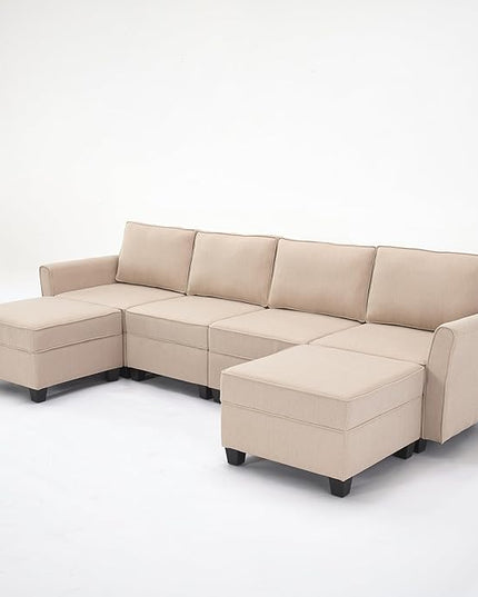 Modern Chenille Fabric U-Shaped 6 Seat Sectional Sleeper Couch with Reversible Chaise Modular Sofa with Storage, Large, Beige - LeafyLoom