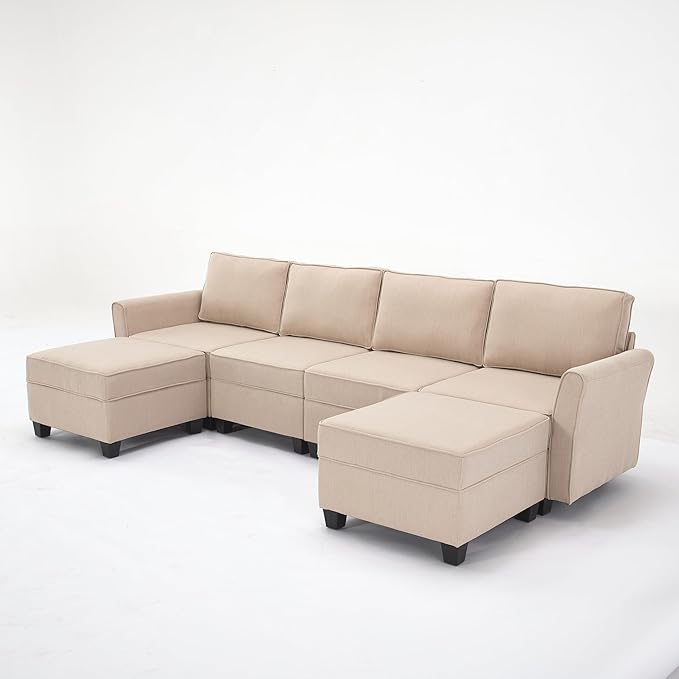 Modern Chenille Fabric U-Shaped 6 Seat Sectional Sleeper Couch with Reversible Chaise Modular Sofa with Storage, Large, Beige - LeafyLoom