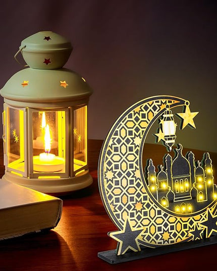 Capoda Eid Craft Night Light Ramadan Mubarak Table Decor 3D Wooden Moon Star LED Light Decor, Mosque Lamp Eid al-Fitr Ornament Gift for Muslim Ramadan Islamic Wall Decor Table Centerpiece(Black) - LeafyLoom