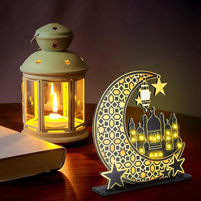 Capoda Eid Craft Night Light Ramadan Mubarak Table Decor 3D Wooden Moon Star LED Light Decor, Mosque Lamp Eid al-Fitr Ornament Gift for Muslim Ramadan Islamic Wall Decor Table Centerpiece(Black) - LeafyLoom