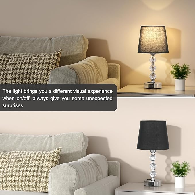 Acaxin Bedside Table Lamps for Bedrooms Set of 2 Nightstand- Crystal Table Lamps with USB C+A Ports & AC Outlet for Charging, 3 Way Dimmable Touch Silver Small Bed Side Table Lamp for Guest Room - LeafyLoom
