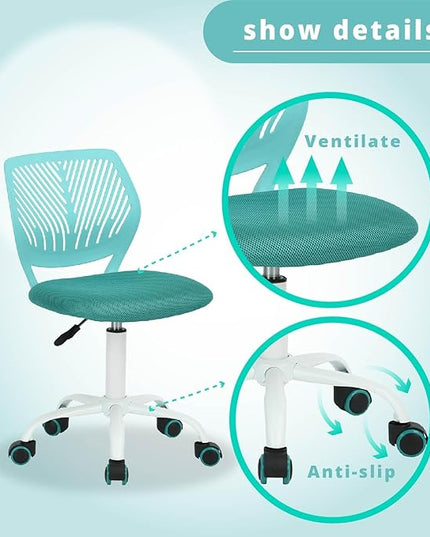 FurnitureR Writing Task Chair 360 Swivel,Low Mid PP Mesh Back Fabric Seat, Height Adjustable, Rolling Castor,W15.7”xD15.2”x H29.5-34.2",Turquoise - LeafyLoom
