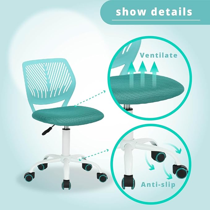 FurnitureR Writing Task Chair 360 Swivel,Low Mid PP Mesh Back Fabric Seat, Height Adjustable, Rolling Castor,W15.7”xD15.2”x H29.5-34.2",Turquoise - LeafyLoom