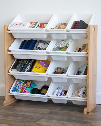 Humble Crew, Natural Wood/White Kids Toy Organizer with 12 Storage Bins - LeafyLoom