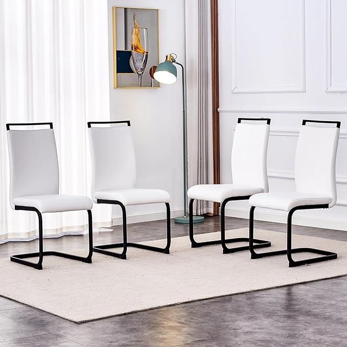 Modern Dining Chairs Set of 4,High Back Kitchen Chairs,Side Room Chair with Black Powder Coating Metal Legs,Easy to Clean Upholstered Dining Chairs,Ideal for Living Room(White Chairs) - LeafyLoom