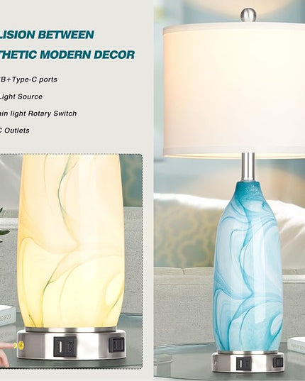 26" Coastal Table Lamps Set of 2, Modern Table Lamps with USB A+C Ports & AC Outlet, Touch Control Glass Bedside Nightstand Lamp with Night Light for Living Room Bedroom End Table Blue(Bulbs Included) - LeafyLoom