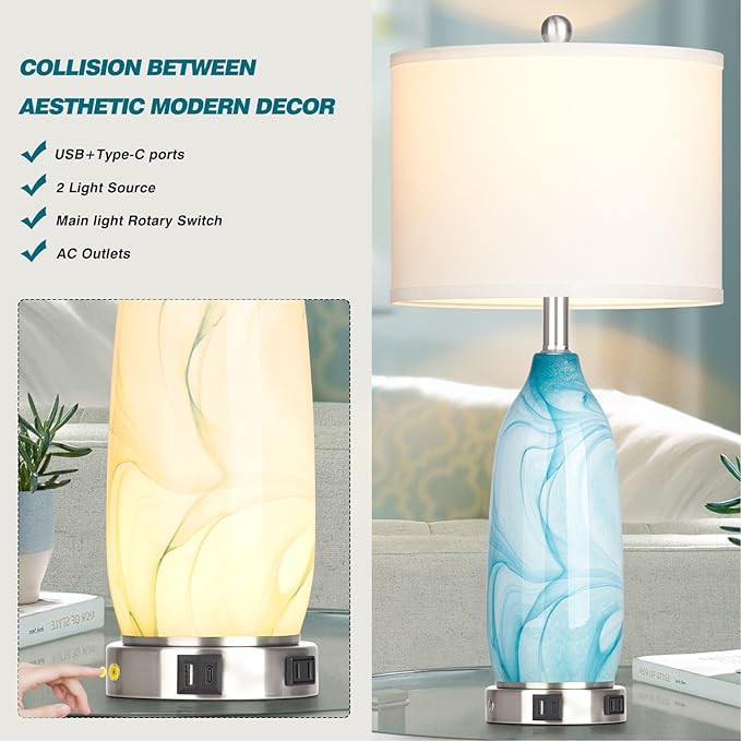 26" Coastal Table Lamps Set of 2, Modern Table Lamps with USB A+C Ports & AC Outlet, Touch Control Glass Bedside Nightstand Lamp with Night Light for Living Room Bedroom End Table Blue(Bulbs Included) - LeafyLoom