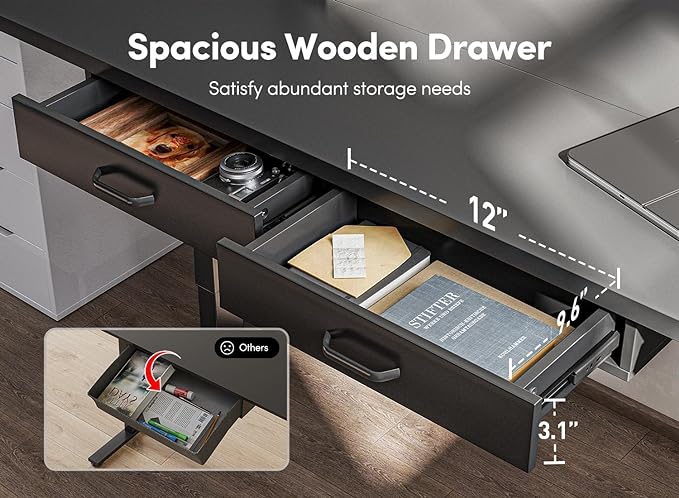 FEZIBO Adjustable Height Electric Standing Desk with Double Drawer, 48 x 24 Inches Stand Up Home Office Desk with Splice Tabletop, Black Frame/Black Top - LeafyLoom