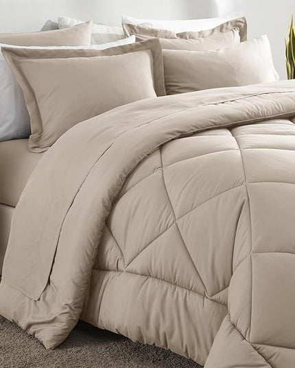 CozyLux Full Comforter Set with Sheets 7 Pieces Bed in a Bag Oatmeal All Season Bedding Sets with Comforter, Pillow Shams, Flat Sheet, Fitted Sheet and Pillowcases - LeafyLoom