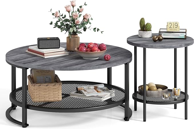 LINSY Home Round Coffee Table Set of 2 for Living Room, Grey Coffee Table with Open Storage,Wood Surface Top & Sturdy Metal Legs Large Circle Coffee Table for Industrial or Modern Design Home - LeafyLoom