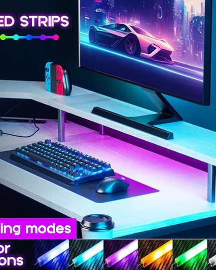 ODK L Shaped Gaming Desk with LED Lights & Power Outlets, 51" Computer Desk with Full Monitor Stand, Corner Desk with Cup Holder, Gaming Table with Hooks, White - LeafyLoom