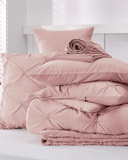 Bedsure Pink Comforter Set Queen - Bed in a Bag Queen 7 Pieces, Pintuck Bedding Sets Pink Bed Set with Comforter, Sheets, Pillowcases & Shams - LeafyLoom