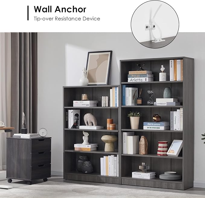 Farini Grey Bookshelf for Bedroom 5 Shelf Office Bookcase 60 Inches Tall Modern Wood Bookshelf for Living Room 5 Tier Wide Manga Bookshelf Library Bookcase - LeafyLoom