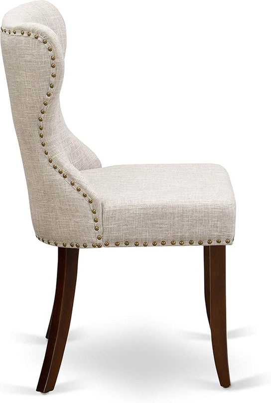 East West Furniture AMSI3-MAH-35 Antique 3 Piece Room Set Contains a Round Kitchen Table with Pedestal and 2 Doeskin Linen Fabric Parson Dining Chairs, 36x36 Inch - LeafyLoom