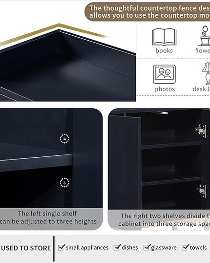 Sideboard Buffet Cabinet with Large Storage Space,Modern Particle Board Kitchen Console Table,W/ 4 Doors and Gold Metal Legs,Dining Room,Entryway,Black, 47.2" - LeafyLoom
