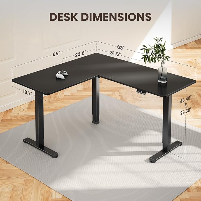 ErGear 63" Dual Motor L Shaped Standing Desk, 28"-46" Electric Height Adjustable, 2 Assembly Options to Fit Room Corner, Suitable for Sitting or Standing Up for Working or Gaming from Home, Black - LeafyLoom