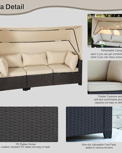 6 PCS Outdoor Patio Furniture Set,Sectional Sofa Set,Rattan Daybed with Retractable Canopy,Adjustable Backrest,Storage Coffee Table for Porch Garden Poolside Backyard(Khaki) - LeafyLoom