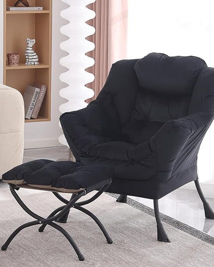 Lazy Chair with Ottoman, Modern Accent Chair Contemporary Lounge Leisure Upholstered Sofa Chair Set with Armrests, Reading Chair for Living Room, Bedroom, Office, Black - LeafyLoom