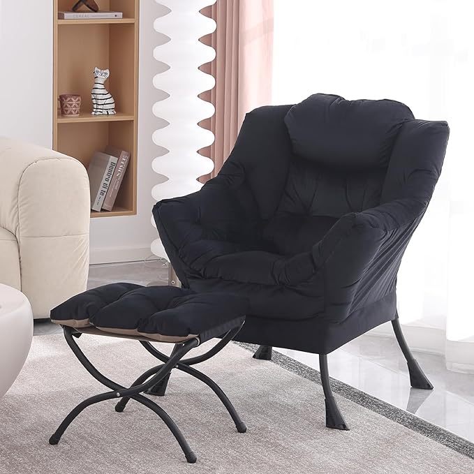 Lazy Chair with Ottoman, Modern Accent Chair Contemporary Lounge Leisure Upholstered Sofa Chair Set with Armrests, Reading Chair for Living Room, Bedroom, Office, Black - LeafyLoom